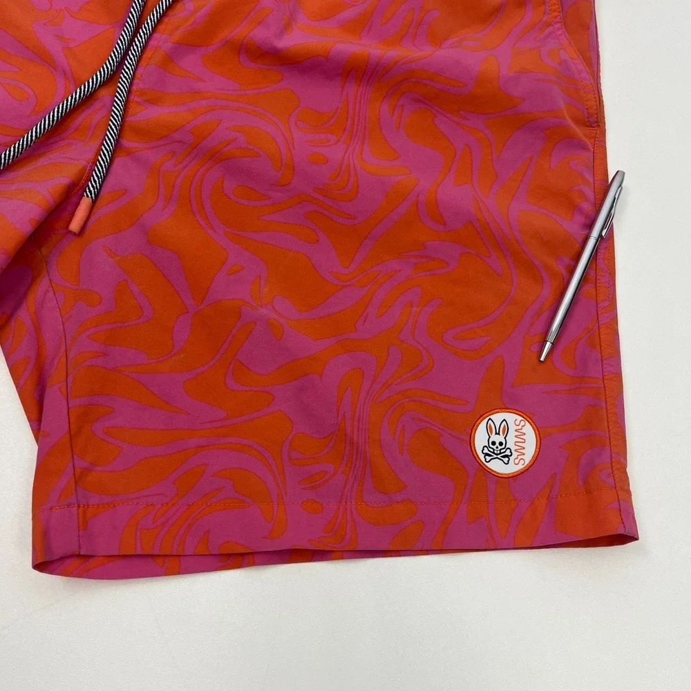 Psycho Bunny x Swims Swim‎ Shorts Pink Orange Mens XL Colorful Beach Pool *Flaw